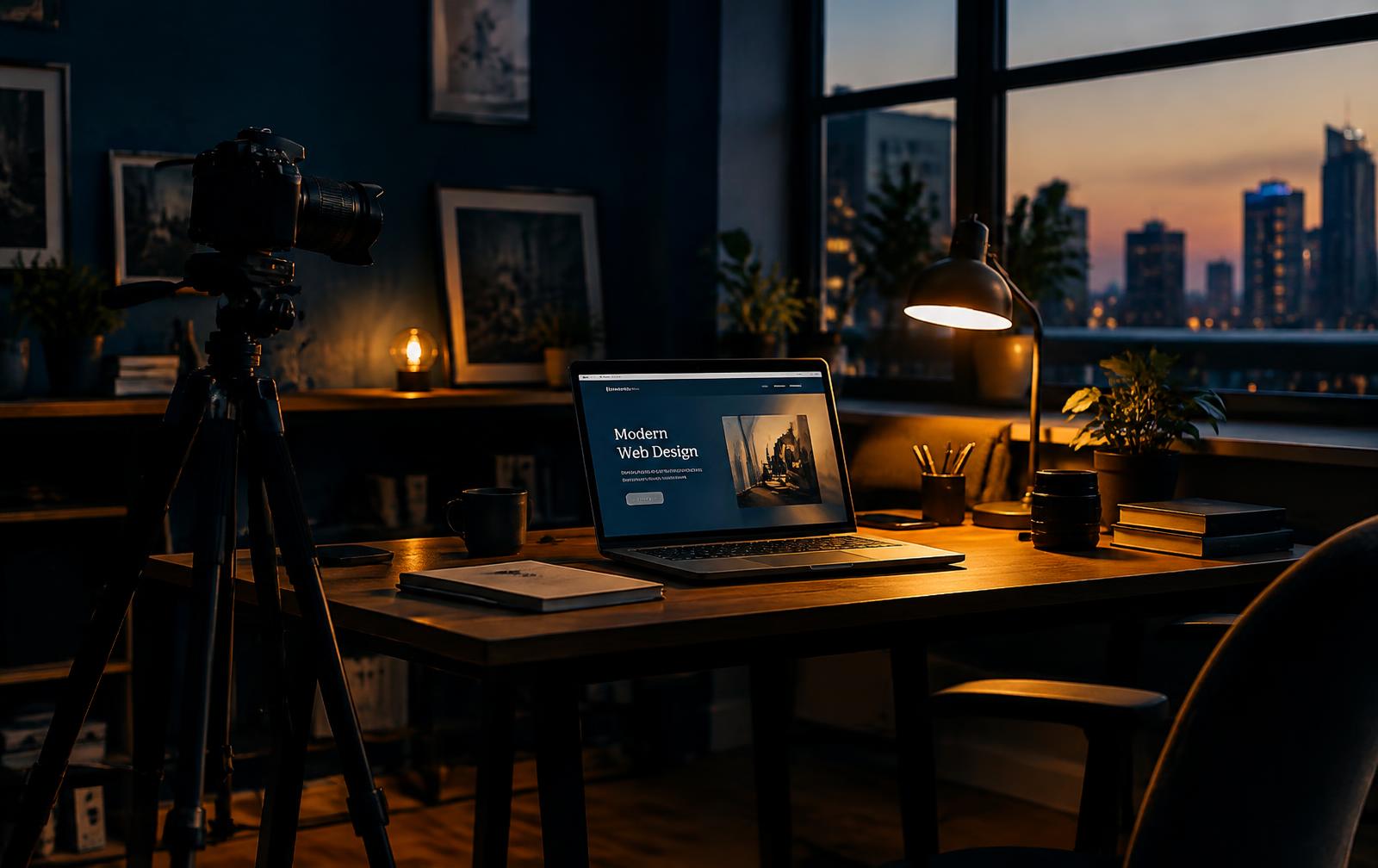 Creative studio desk with a camera on a tripod and a laptop showing a website design